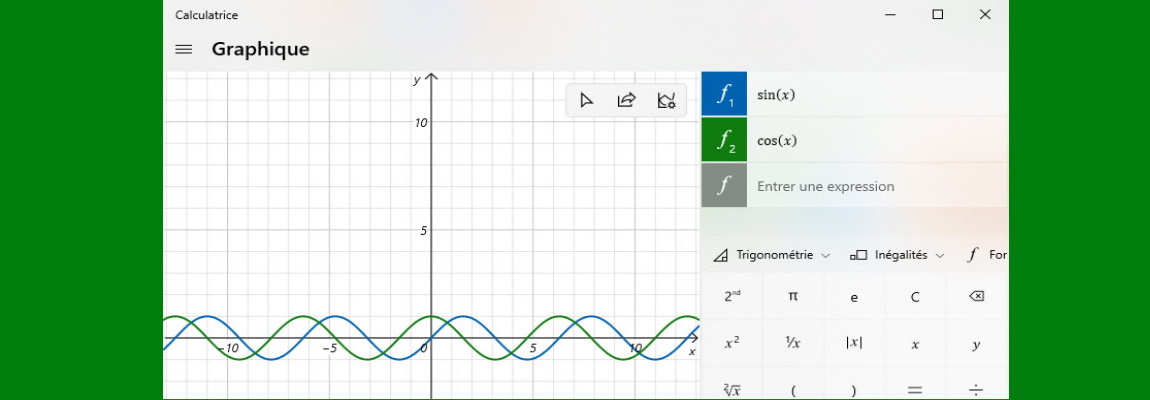 Exemple de fonctions trigonométriques tracées avec la calculatrice Windows